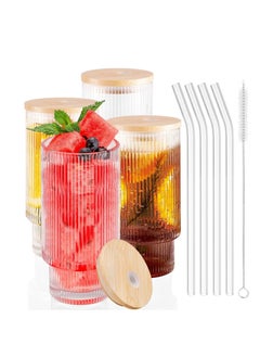 Ribbed Glassware, Set of 4 Ribbed Glasses, 16 Oz Vintage Drinking Glasses, Glass Cup with Lids and Straws, Reusable Iced Coffee Glass Cups, Ideal for Coffee, Juice - pzsku/Z8AAE3E6178C7151EAFF6Z/45/_/1740459827/40db3db3-d557-4a06-bc42-bd8384ce901e