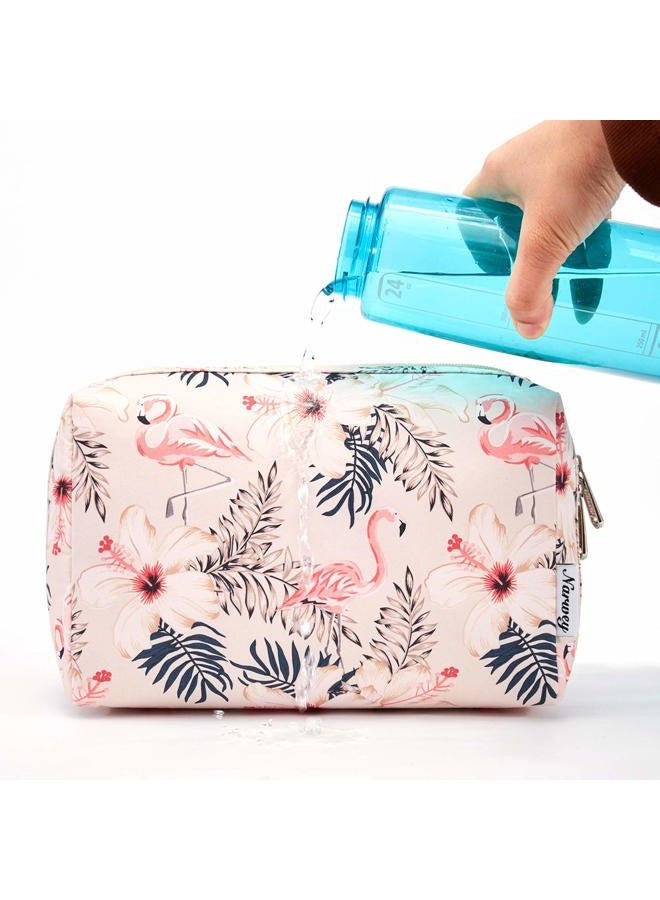 Narwey Cute Makeup Bag Travel Cosmetic Bag Organizer Toiletry Bag Make Up Bags with Compartments for Women Girls (Large, Beige Flamingo) - Image 4
