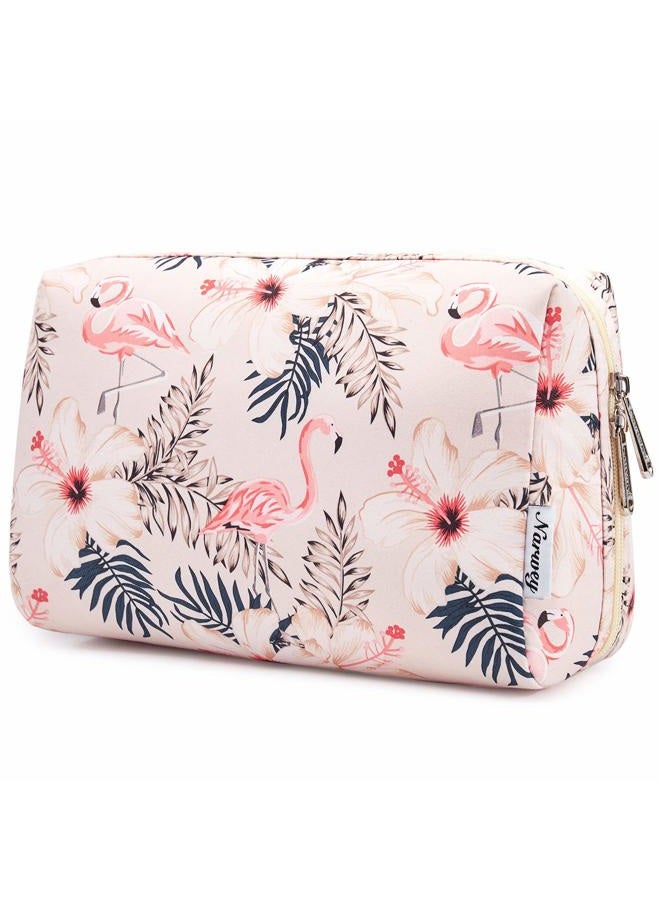 Narwey Cute Makeup Bag Travel Cosmetic Bag Organizer Toiletry Bag Make Up Bags with Compartments for Women Girls (Large, Beige Flamingo) - Image 1