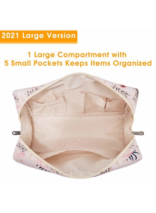 Narwey Cute Makeup Bag Travel Cosmetic Bag Organizer Toiletry Bag Make Up Bags with Compartments for Women Girls (Large, Beige Flamingo) - Image 3
