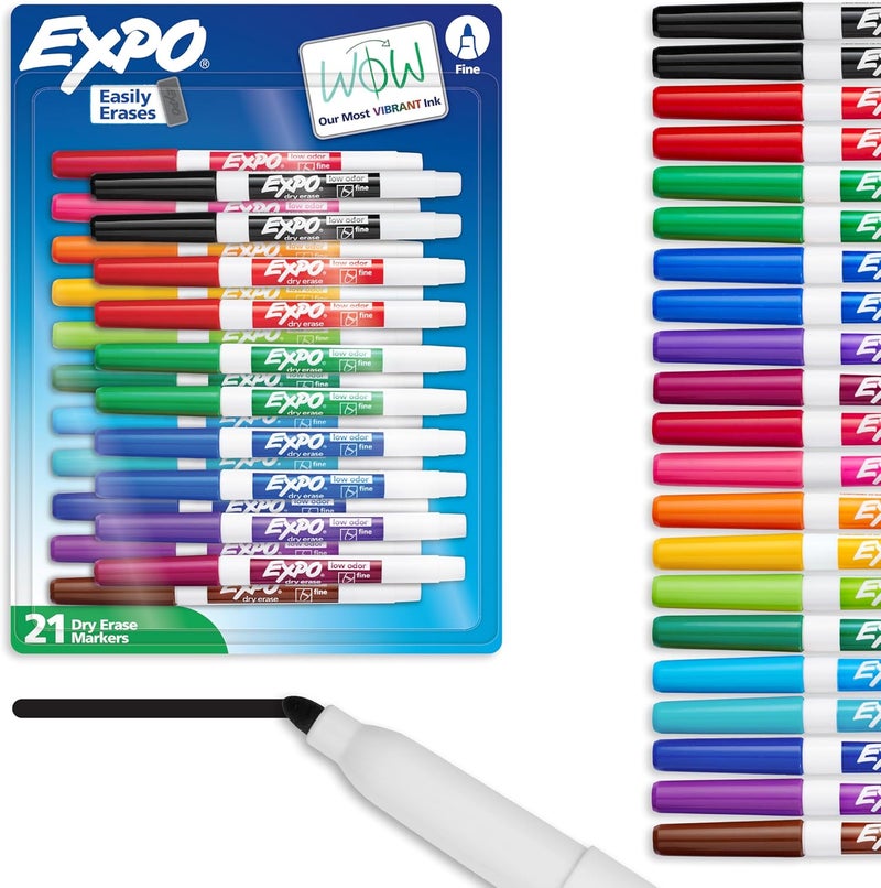إكسبو أقلام إزالة جافة من EXPO، أقلام للسبورات البيضاء بحبر ذو رائحة خفيفة، طرف ناعم، ألوان زاهية متنوعة، عدد 21 قطعة - Image 1