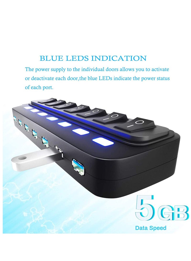 7-Port USB 3.0 Hub with Individual Switches and LED Indicators for Laptops, PCs, Mobile HDDs, Flash Drives, and Type-C Devices - Image 5