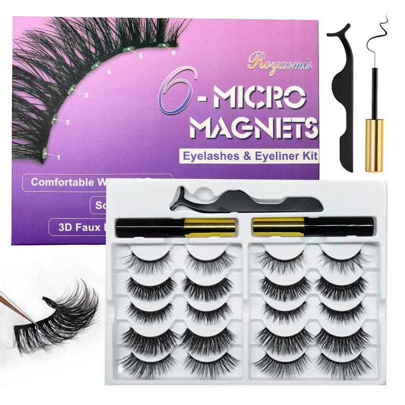 Royaomis 10 Pairs Magnetic Eyelashes with Eyeliner, Magnetic Lashes Natural Looking, Magnetic Eyelash Kit,Latest Six Magnets, With 3D 5D Reusable False Lashes, Easy to Wear, No Glue Needed - Image 1