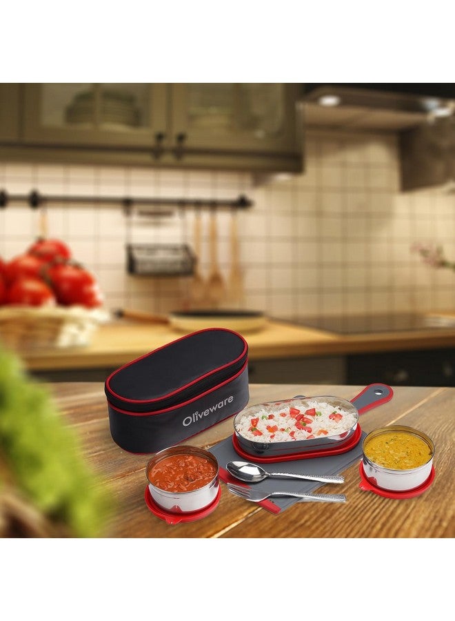 SOPL-OLIVEWARE Oliveware Sophia Lunch Box, Spoon & Fork, 100% Leak Proof, 3 Stainless Steel Container with BPA Free Lids (550ml, 350ml & 350ml), Fabric Bag - Red - Image 5
