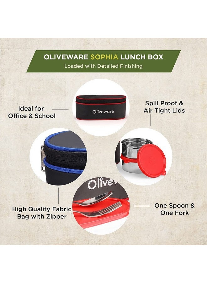 SOPL-OLIVEWARE Oliveware Sophia Lunch Box, Spoon & Fork, 100% Leak Proof, 3 Stainless Steel Container with BPA Free Lids (550ml, 350ml & 350ml), Fabric Bag - Red - Image 3