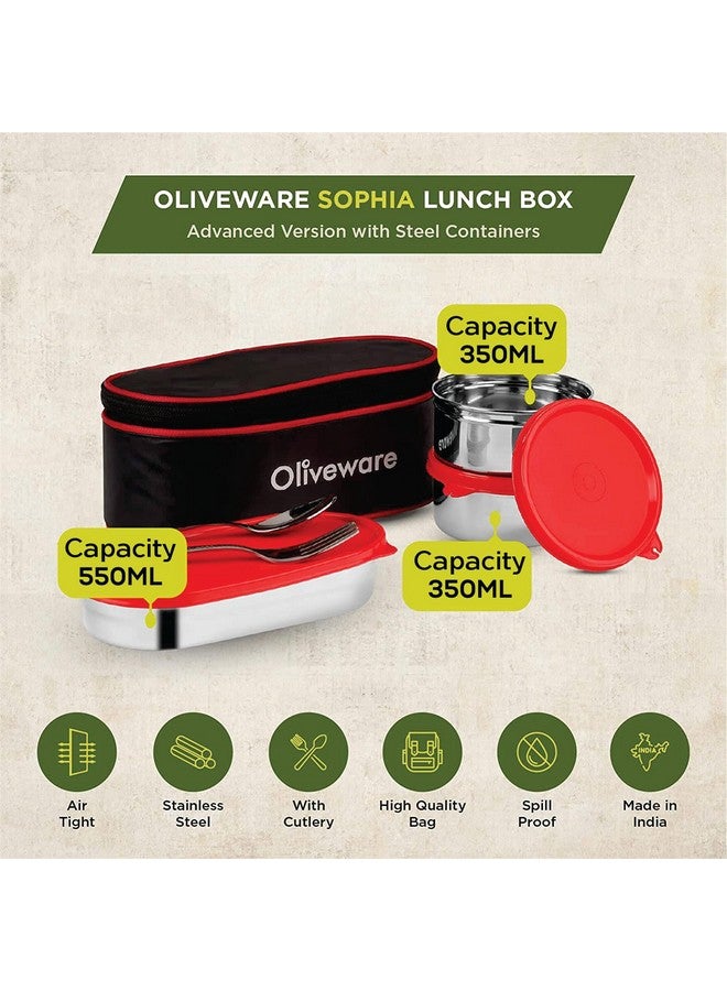 SOPL-OLIVEWARE Oliveware Sophia Lunch Box, Spoon & Fork, 100% Leak Proof, 3 Stainless Steel Container with BPA Free Lids (550ml, 350ml & 350ml), Fabric Bag - Red - Image 2