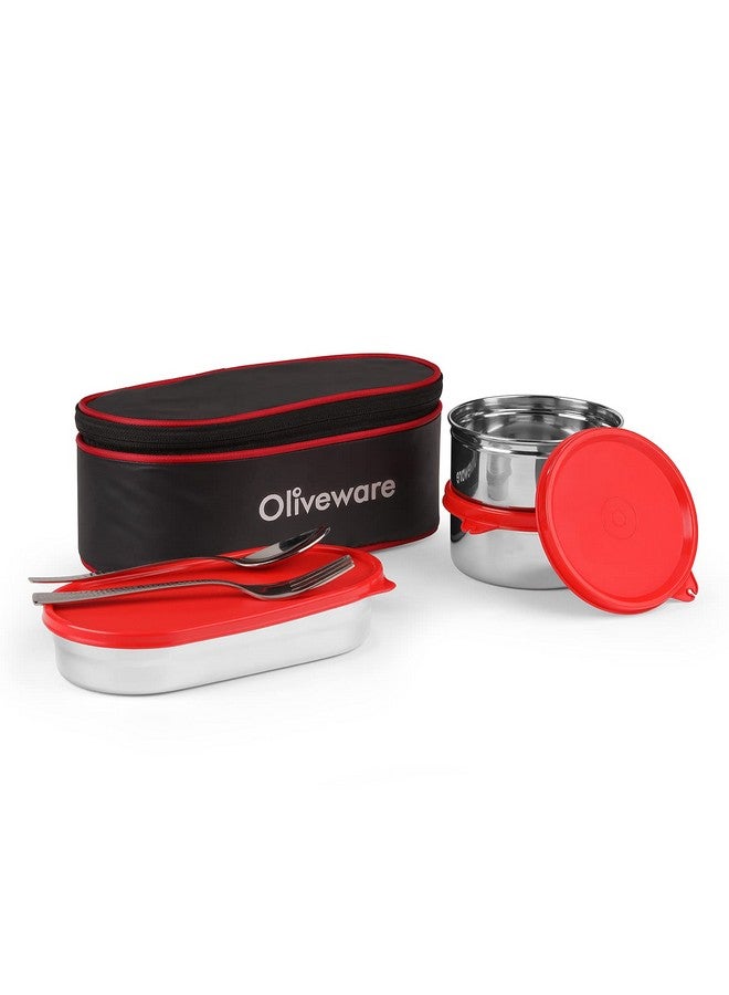 SOPL-OLIVEWARE Oliveware Sophia Lunch Box, Spoon & Fork, 100% Leak Proof, 3 Stainless Steel Container with BPA Free Lids (550ml, 350ml & 350ml), Fabric Bag - Red - Image 1