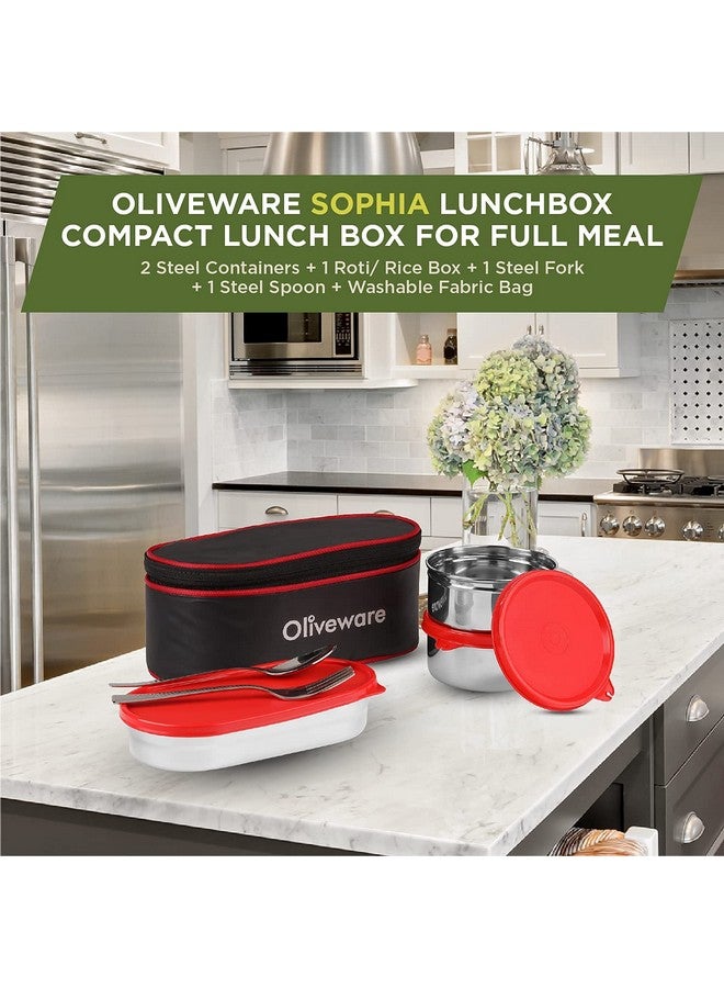 SOPL-OLIVEWARE Oliveware Sophia Lunch Box, Spoon & Fork, 100% Leak Proof, 3 Stainless Steel Container with BPA Free Lids (550ml, 350ml & 350ml), Fabric Bag - Red - Image 4