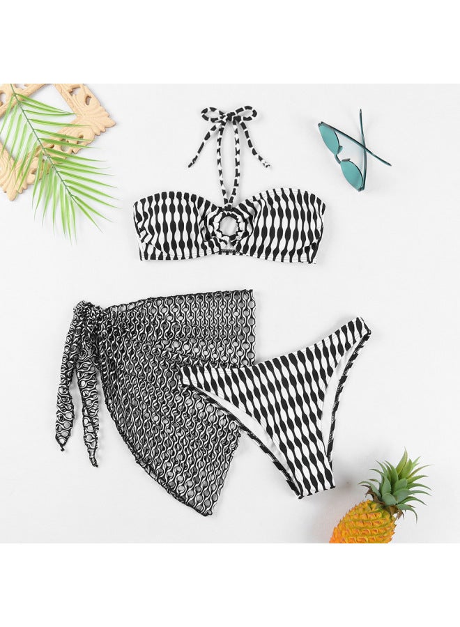Generic Jinrui Swimsuit Women's Special Fabric Two-color Cloth Swimsuit Special Mesh Three-piece Bikini-Color:Black And White Two-tone-Size:L - Image 1