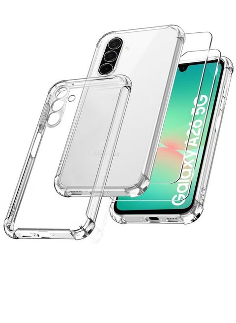 Samsung A26 Shockproof Clear Case with 2-Pack Tempered Glass Screen Protector – Full Edge-to-Edge Coverage, Bumper Cover for Samsung Galaxy A26 5G (2025)