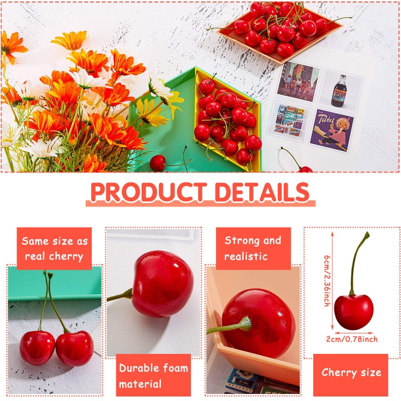 Skylety كرز مزيف زينة كرز صناعي محاكاة كرز فواكه نموذج فواكه كرز مزيف لتزيين الحفلات المنزلية خزانة المطبخ دعامة تصوير لعبة معرفية (80 قطعة) - Image 2