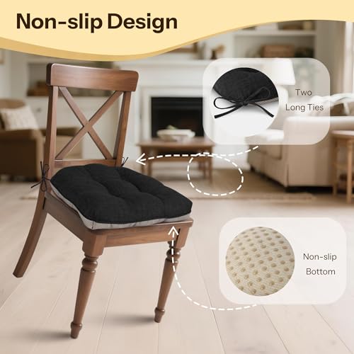 FlyGulls Non Slip Chair Cushions for Dining Chairs Set of 4 Kitchen Chair Cushions 18"x18"x3" Turfted Chair Pads Comfortable and Soft Seat Cushion with Ties, Black - Image 3