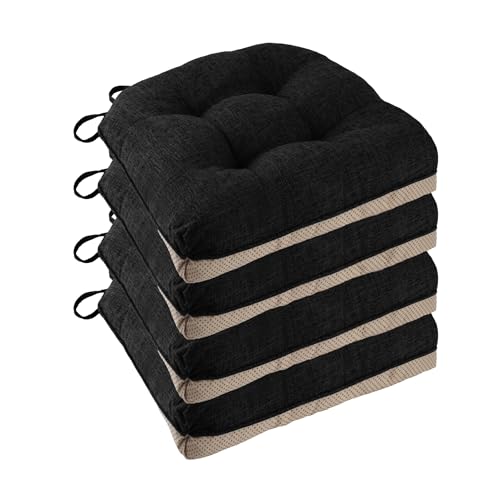 FlyGulls Non Slip Chair Cushions for Dining Chairs Set of 4 Kitchen Chair Cushions 18"x18"x3" Turfted Chair Pads Comfortable and Soft Seat Cushion with Ties, Black - Image 1