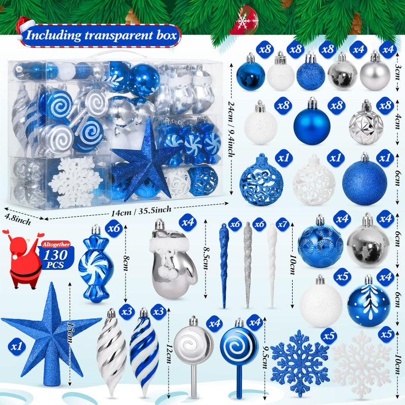 Sratte 130 Pcs Christmas Tree Ornaments Set Assorted Hanging Ornaments Ball Set with Hanging Loop for Xmas Holiday Party Wreath Xmas Tree Decor (Blue Silver White) - Image 2