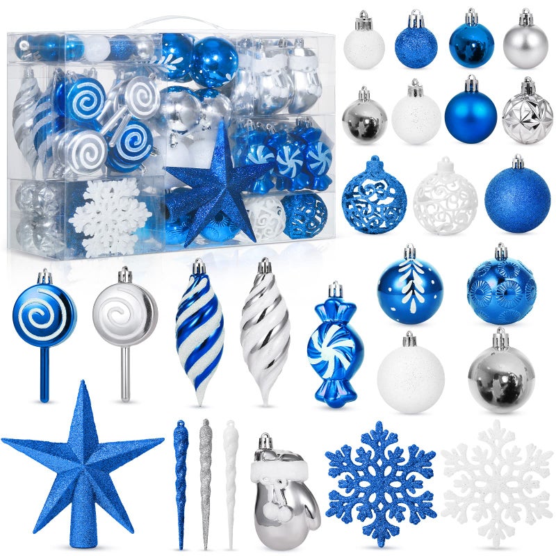 Sratte 130 Pcs Christmas Tree Ornaments Set Assorted Hanging Ornaments Ball Set with Hanging Loop for Xmas Holiday Party Wreath Xmas Tree Decor (Blue Silver White) - Image 1
