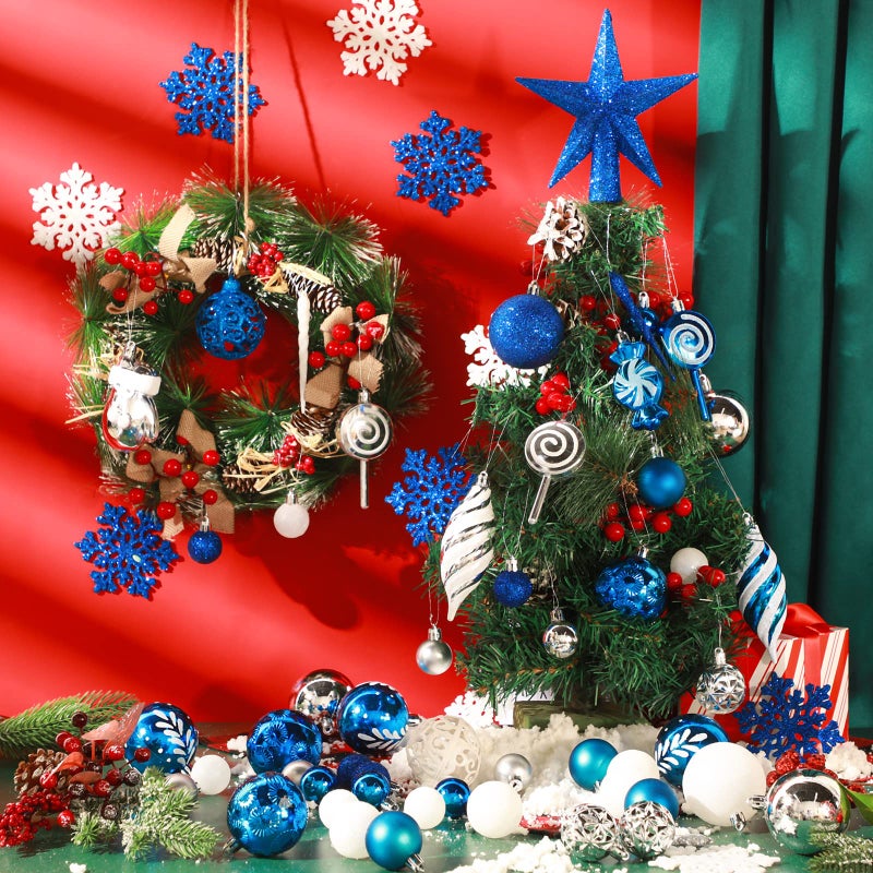 Sratte 130 Pcs Christmas Tree Ornaments Set Assorted Hanging Ornaments Ball Set with Hanging Loop for Xmas Holiday Party Wreath Xmas Tree Decor (Blue Silver White) - Image 4