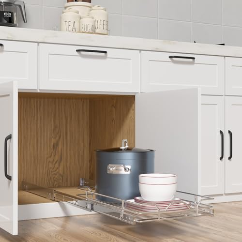OCG Pull Out Cabinet Organizer 2 Pack (21" W x 21" D), Pull out Shelves 1 Tier, Cabinet Slide Out Shelves for Base Cabinet Organization in Kitchen Bathroom Pantry, Bottom Mount, Chrome Finish - Image 3