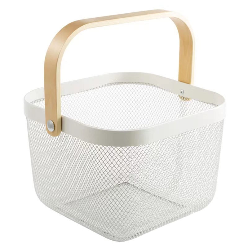 AJIODA Metal Mesh Steel Basket  Storage Organizer Basket Multi-functional Hanging Kitchen Baskets Fruit Basket Bin with Bamboo Handle for Kitchen Bathroom Picnic Shopping Decor Cabinet Home  White - Image 1