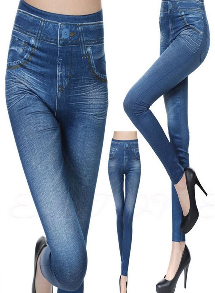 Women's Real Pocket Corset Jeans Seamless Bottoming Tights Blue