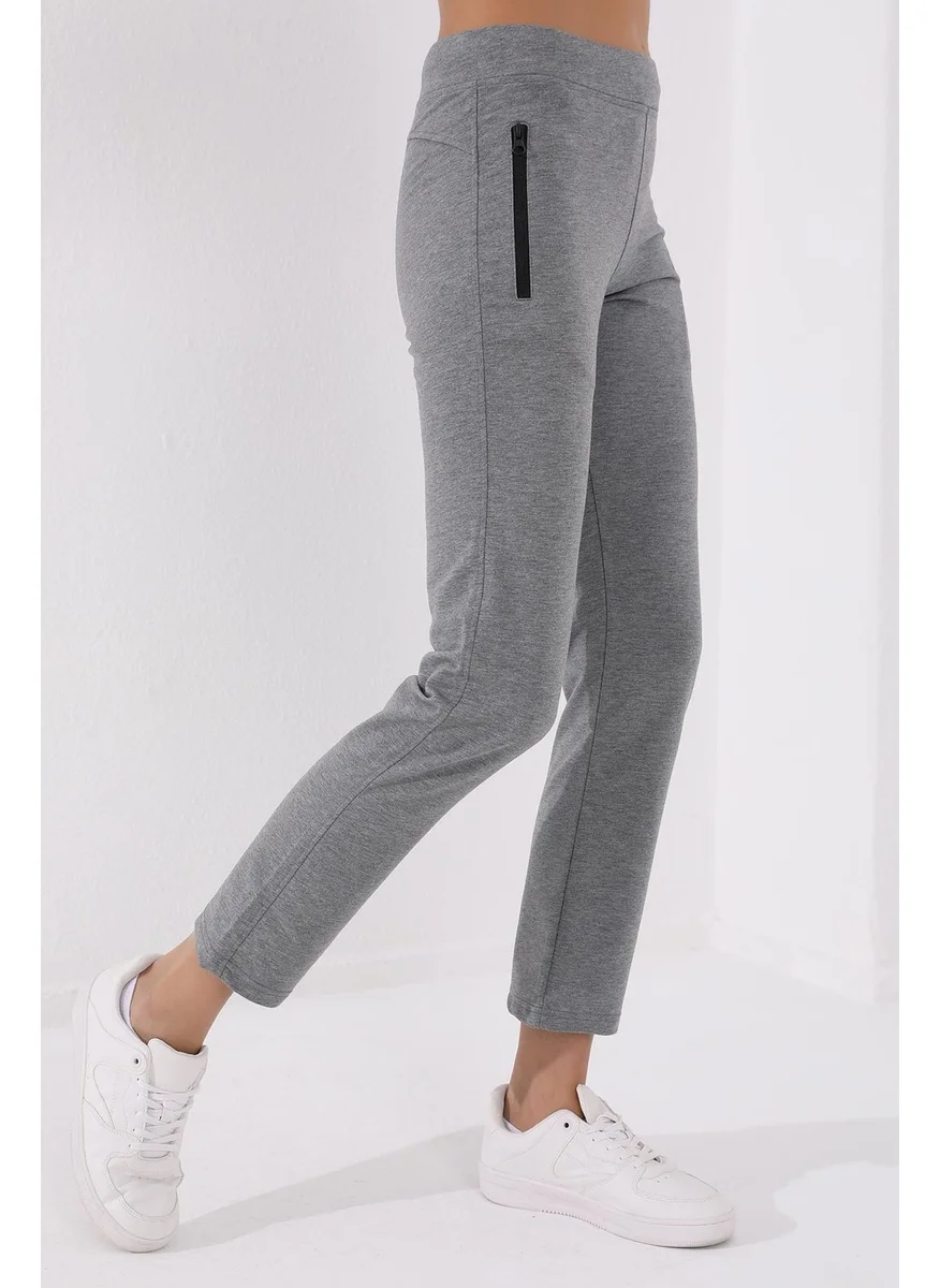 Tommy Life Classic Pocket Zippered Grey Melange Women's Tracksuit Bottoms