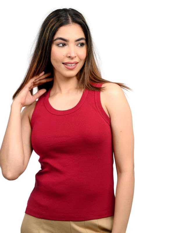 Mlada Store Mlada Cotton Ribbed Knit Tops for Women with Non Transparent Fabric | Stretchable Rib Knitted Sleeveless Racerback Tank Top with Crew Neck | Fitted Rib Knitted Cropped Vest Top - Dark Rose, 2XL - Image 1