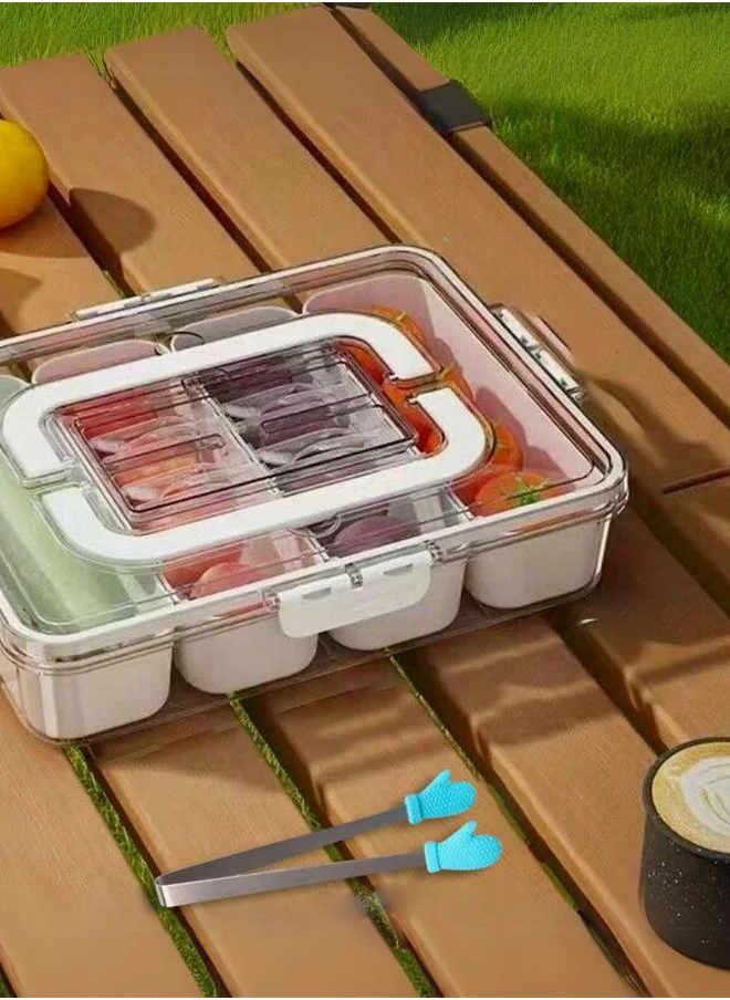 QUESERA 8 COMPARTMENT SNACK SERVING TRAY WITH LID AND HANDLE AND TONG-SET OF 2