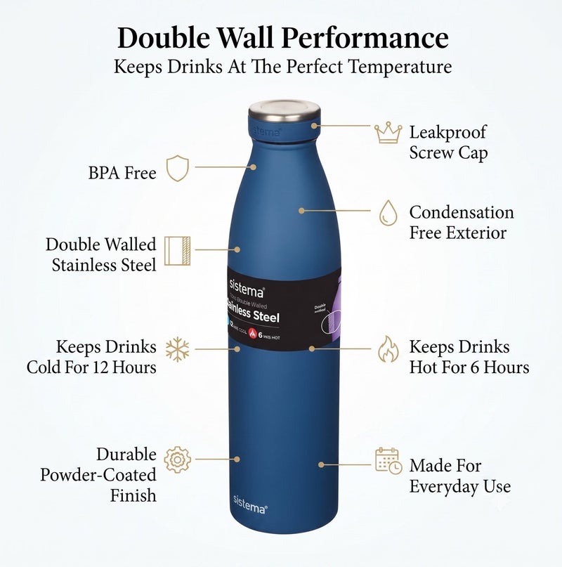 Sistema 750ML Double-Walled Stainless Steel Vacuum Insulated Water Bottle, BPA Free Reusable Leak-Proof Flask, Keeps Drinks Cold 12 Hours & Hot 6 Hours, Bottle for School, Kids, Adults, Office, Gym, Travel & Everyday Hydration - Blue - Image 3