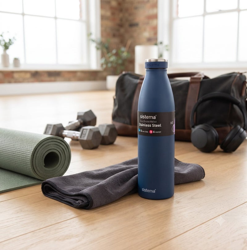 Sistema 750ML Double-Walled Stainless Steel Vacuum Insulated Water Bottle, BPA Free Reusable Leak-Proof Flask, Keeps Drinks Cold 12 Hours & Hot 6 Hours, Bottle for School, Kids, Adults, Office, Gym, Travel & Everyday Hydration - Blue - Image 5