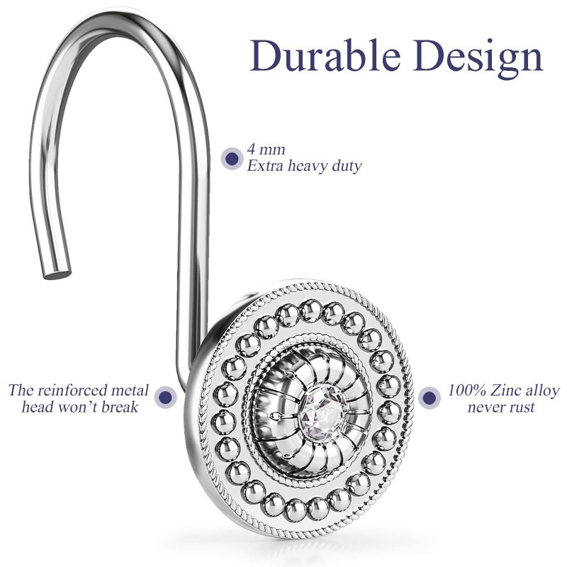 iToplin Silver Shower Curtain Hooks, Rust Proof Shower Curtain Rings for Bathroom, Metal Decorative Shower Curtain Hooks Hangers for Shower Curtain Rod, Shower Hooks for Shower Curtain Set of 12 Chrome - Image 5