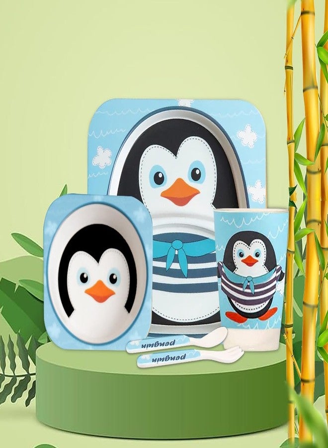 Tony Stark Bamboo Baby Feeding Set - 5-Piece Tableware for Toddlers, Kids & Babies Includes Plate, Bowl, Cup, Spoon, Fork - BPA-Free, Unbreakable Eco-Friendly |Organic & Natural (PENQUIN) - Image 1