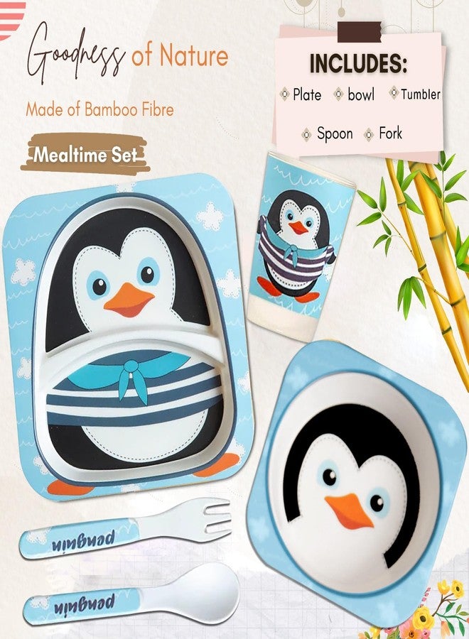 Tony Stark Bamboo Baby Feeding Set - 5-Piece Tableware for Toddlers, Kids & Babies Includes Plate, Bowl, Cup, Spoon, Fork - BPA-Free, Unbreakable Eco-Friendly |Organic & Natural (PENQUIN) - Image 3