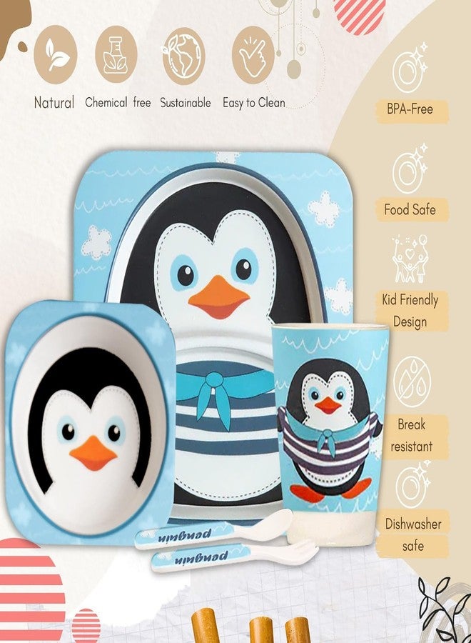 Tony Stark Bamboo Baby Feeding Set - 5-Piece Tableware for Toddlers, Kids & Babies Includes Plate, Bowl, Cup, Spoon, Fork - BPA-Free, Unbreakable Eco-Friendly |Organic & Natural (PENQUIN) - Image 4