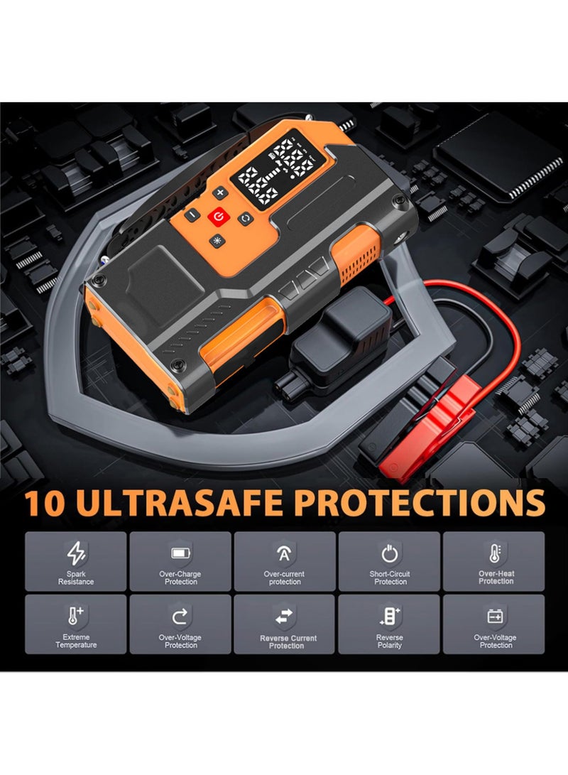 روك بو 10000 مللي أمبير في الساعة القفز كاتب مع ضاغط الهواء المحمولة بطارية السيارة الداعم (9.0 غاز / 6.5 لتر ديزل) مع 150PSI التلقائي اغلاق الإطارات منفاخ 12 فولت فائق الأمان ليثيوم القفز مربع سيارة بطارية الطائر كاتب - Image 3