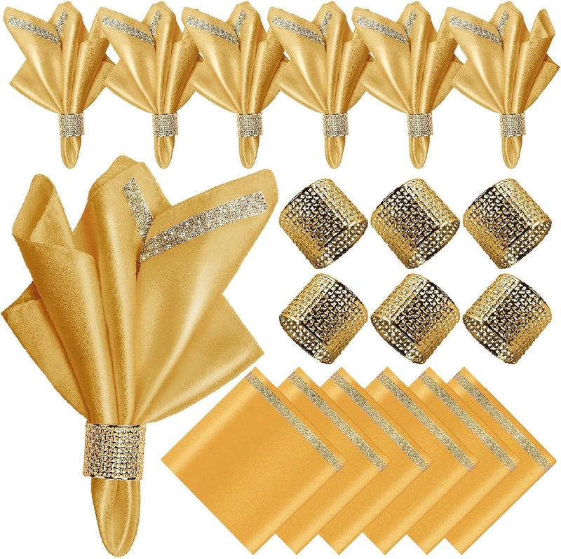 VIJIV 12 Pack Cloth Napkins and Gold Napkin Rings Set of 6 17x17 Bling Trim Satin Cocktail Napkins Cloth Washable Personalized Dinner Napkins for Wedding Party Holiday Decorative - Image 1