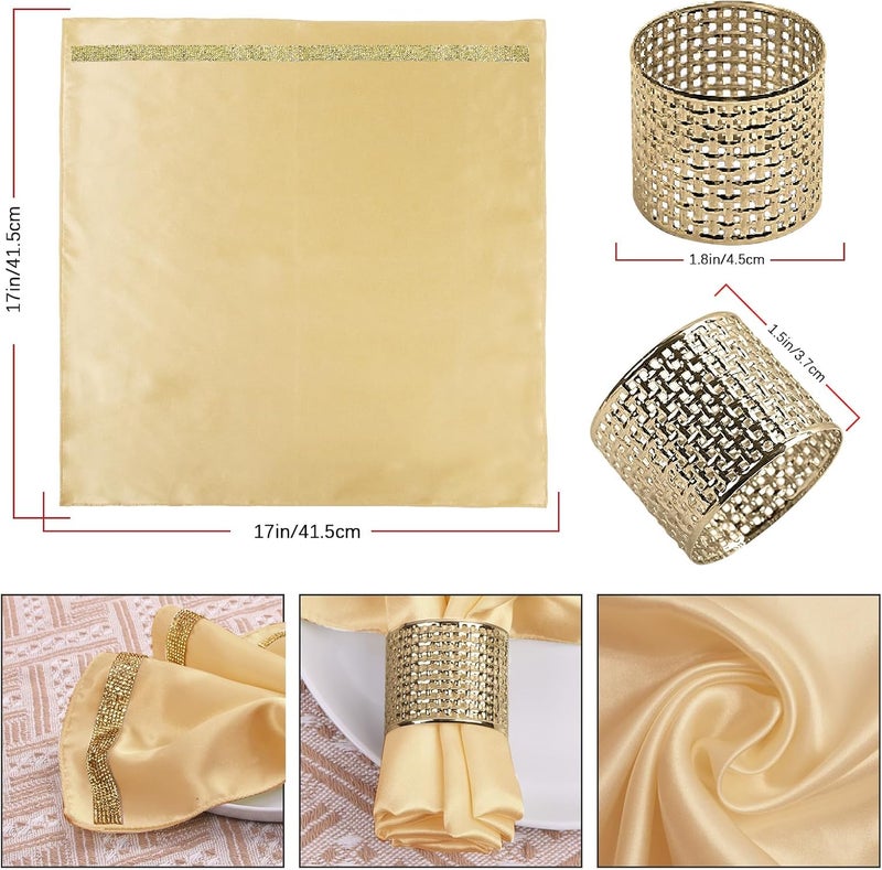 VIJIV 12 Pack Cloth Napkins and Gold Napkin Rings Set of 6 17x17 Bling Trim Satin Cocktail Napkins Cloth Washable Personalized Dinner Napkins for Wedding Party Holiday Decorative - Image 4