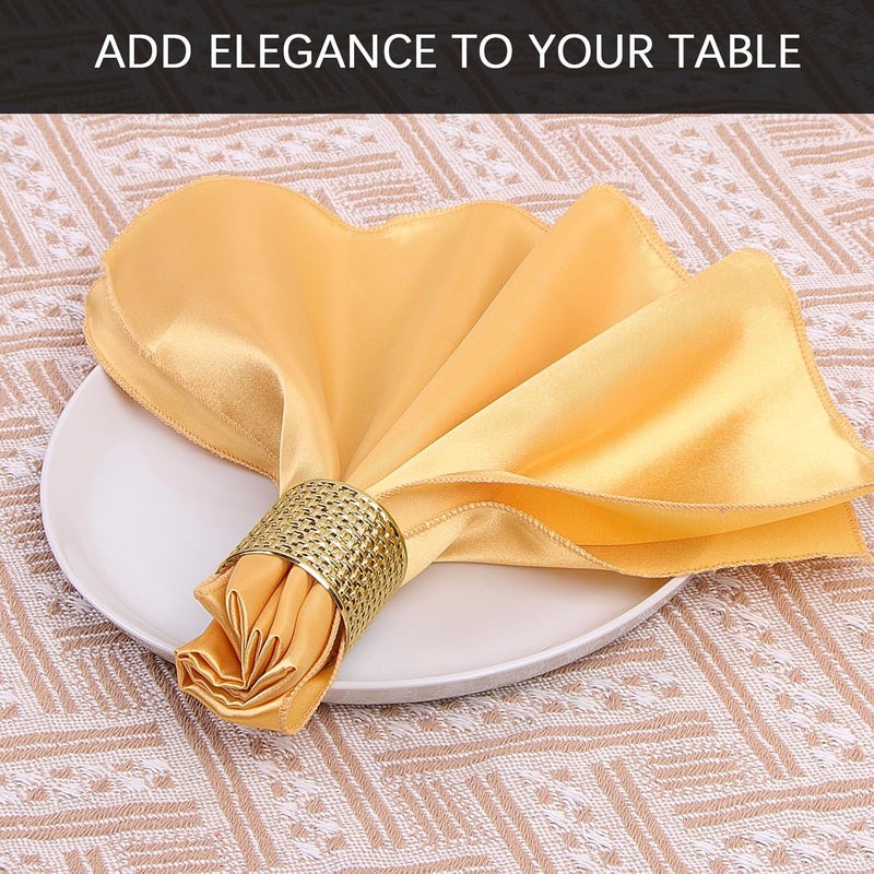 VIJIV 12 Pack Cloth Napkins and Gold Napkin Rings Set of 6 17x17 Bling Trim Satin Cocktail Napkins Cloth Washable Personalized Dinner Napkins for Wedding Party Holiday Decorative - Image 3