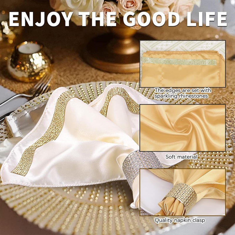 VIJIV 12 Pack Cloth Napkins and Gold Napkin Rings Set of 6 17x17 Bling Trim Satin Cocktail Napkins Cloth Washable Personalized Dinner Napkins for Wedding Party Holiday Decorative - Image 2