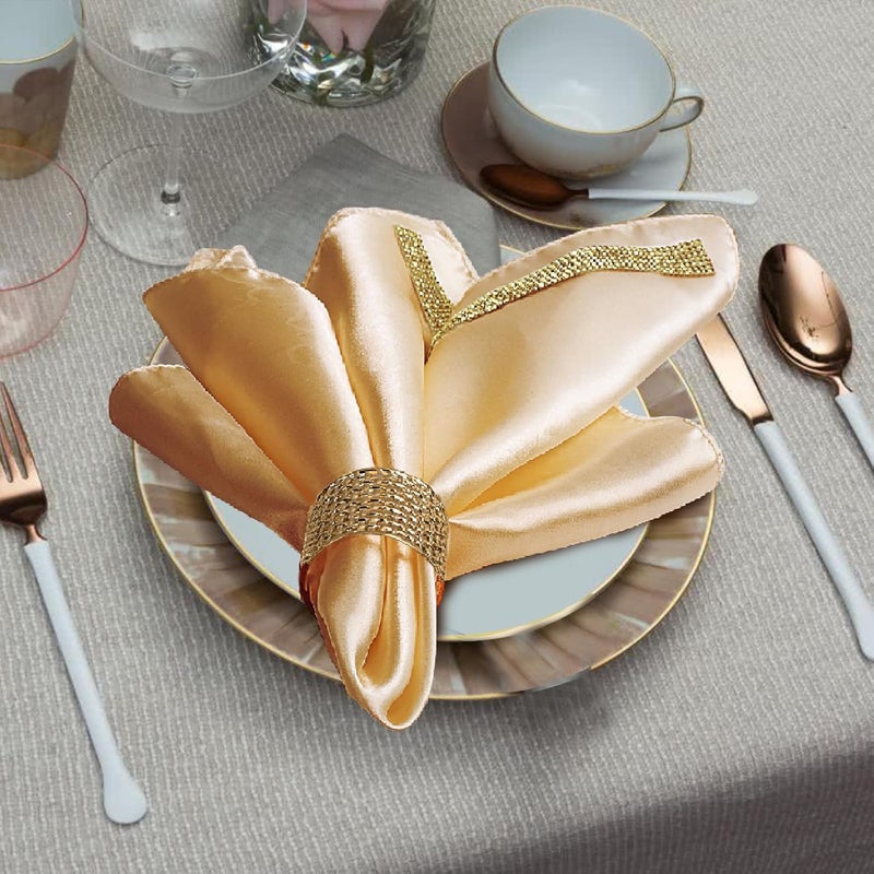 VIJIV 12 Pack Cloth Napkins and Gold Napkin Rings Set of 6 17x17 Bling Trim Satin Cocktail Napkins Cloth Washable Personalized Dinner Napkins for Wedding Party Holiday Decorative - Image 5