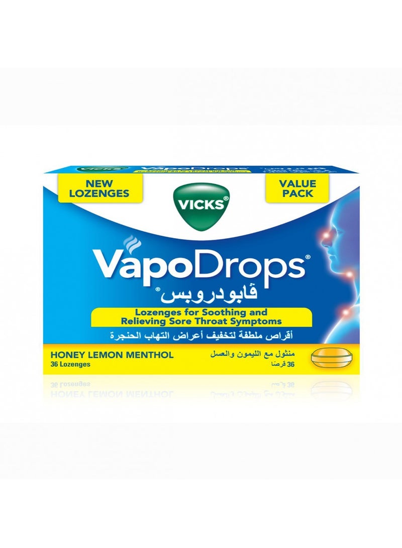 VICKS VapoDrops Lozenges for soothing and relieving Sore Throat Symptoms Honey Lemon Menthol 36 lozenges
