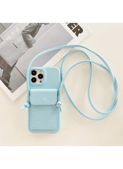 Japan And South Korea Card Case Crossing IPhone16 Phone Case Apple 15pro Max/13/X/7 Leather Phone Case-Color:Litchi Pattern Ear Card Holder Lanyard Sky Blue-Applicable Model:iPhoneXR