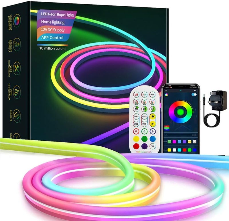 لينجي شريط إضاءة نيون لينجي، حبل إضاءة LED نيون، شريط إضاءة LED ذكي RGB بسبعة ألوان مقاوم للماء، مناسب لتزيين غرف النوم الداخلية والخارجية (3 متر) - Image 1
