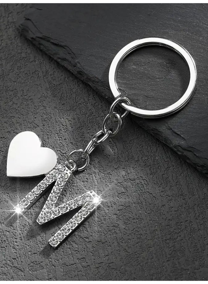 Silver keychain with sparkling crystal design featuring  heart-shaped keyring and the letter M suitable for keys and bags - Image 3