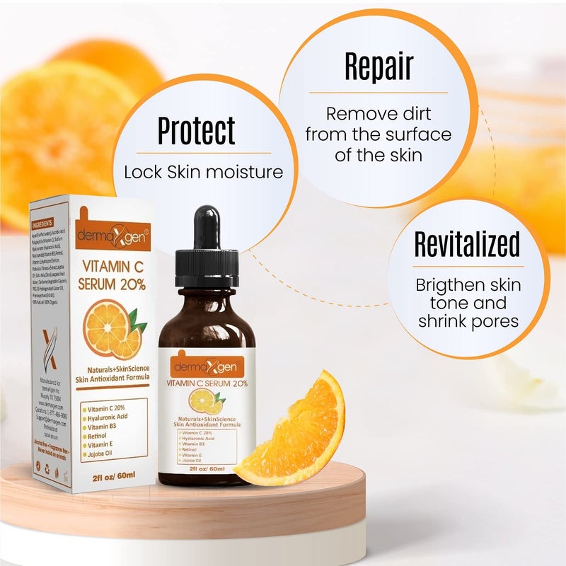 dermaxgen 20 Vitamin C Serum Hyaluronic Acid Retinol Vitamin E Vitamin B PURE ORGANIC Boost Skin Collagen Moisturizer Anti Aging Wrinkle Facial Serum 2 FL OZ - Image 2
