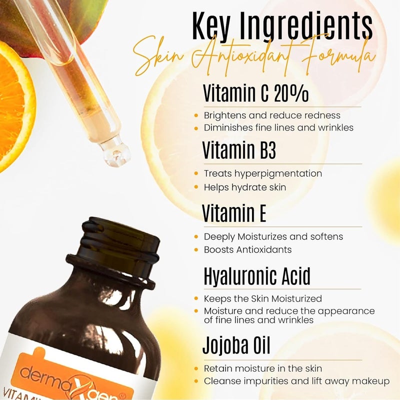 dermaxgen 20 Vitamin C Serum Hyaluronic Acid Retinol Vitamin E Vitamin B PURE ORGANIC Boost Skin Collagen Moisturizer Anti Aging Wrinkle Facial Serum 2 FL OZ - Image 5