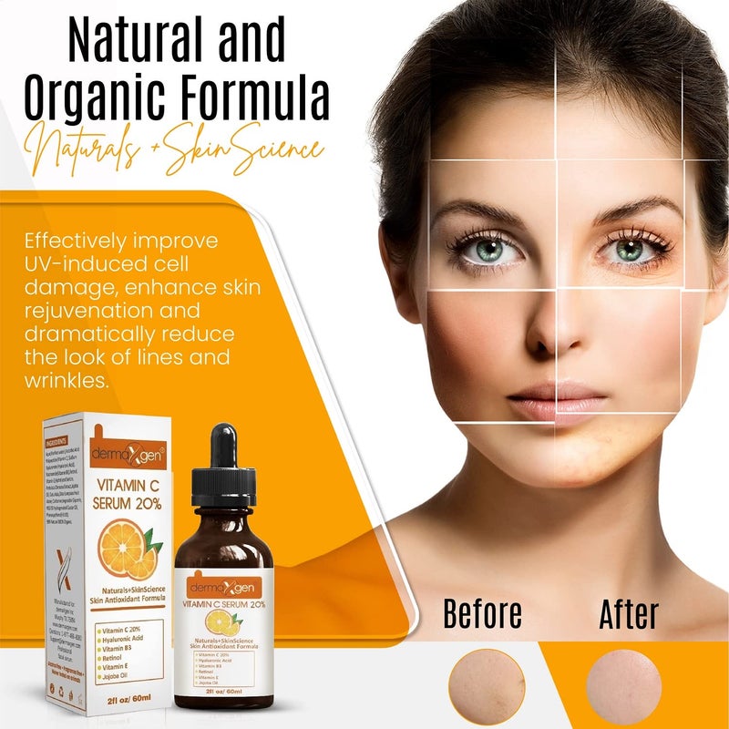 dermaxgen 20 Vitamin C Serum Hyaluronic Acid Retinol Vitamin E Vitamin B PURE ORGANIC Boost Skin Collagen Moisturizer Anti Aging Wrinkle Facial Serum 2 FL OZ - Image 3