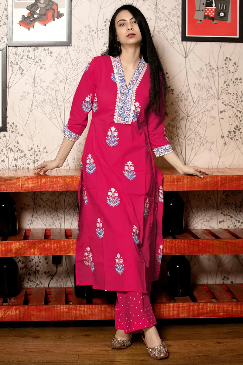 GoSriKi Pink GoSriKi Women's Rayon Viscose Printed Straight Kurta with Pant & Dupatta (Belagavi Pink-GS_L_Pink_Large) for Women | Best Price UAE