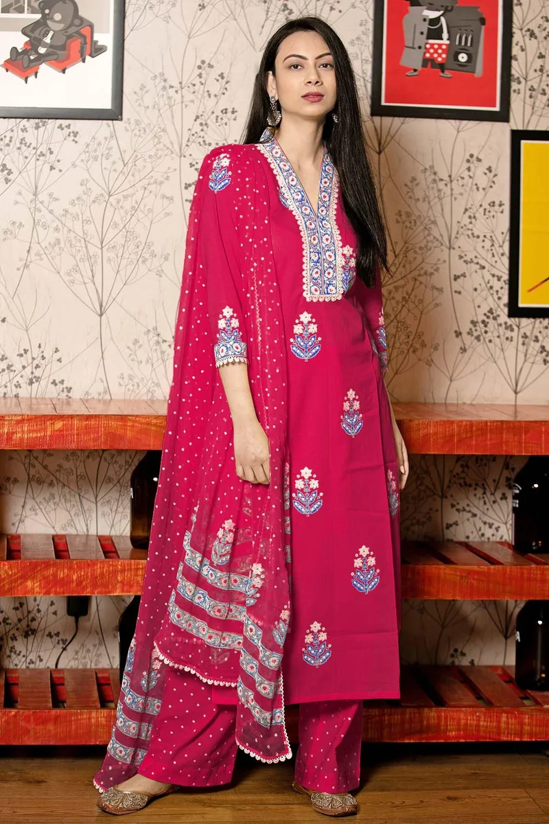 GoSriKi Women's Rayon Viscose Printed Straight Kurta with Pant & Dupatta (Belagavi Pink-GS_L_Pink_Large)