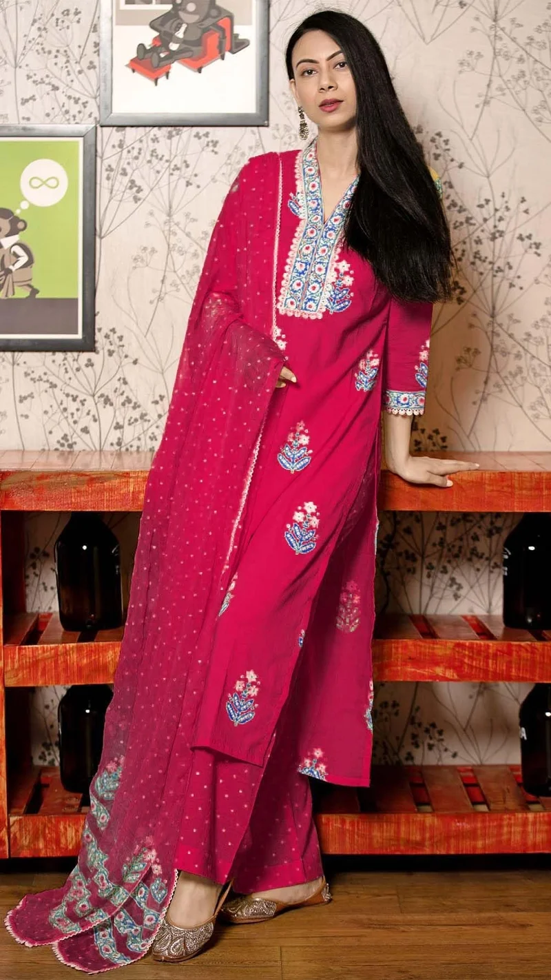 GoSriKi Pink GoSriKi Women's Rayon Viscose Printed Straight Kurta with Pant & Dupatta (Belagavi Pink-GS_L_Pink_Large) for Women | Best Price UAE