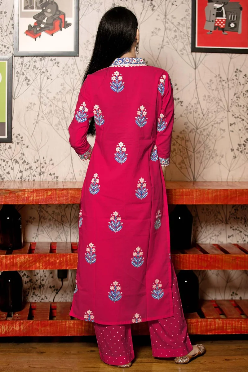 GoSriKi Pink GoSriKi Women's Rayon Viscose Printed Straight Kurta with Pant & Dupatta (Belagavi Pink-GS_L_Pink_Large) for Women | Best Price UAE