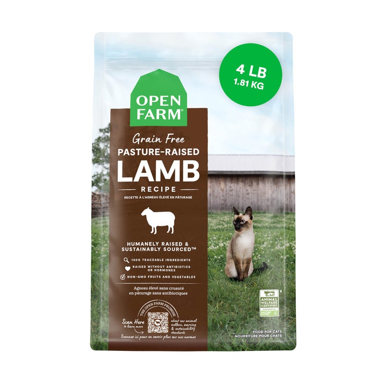 Open Farm, Grain Free Dry Cat Food, High-Protein Kibble for a Complete & Balanced Diet, Non-GMO Fruits & Vegetables, Prebiotic Fibers to Support Digestion, Pasture-Raised Lamb Recipe, 4lb Bag - Image 1